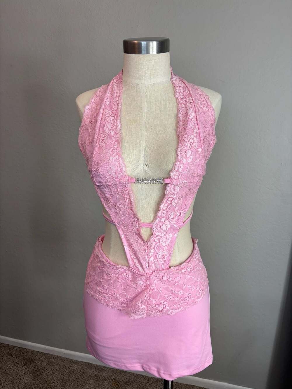 Pink Lace Halter Cut-Out Mini Dress with Rhinestone Detail - Picture 1 of 11